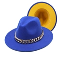 Detail of blue and yellow fedora hat with a chunky gold acrylic chain accessory - Royal Blue and Yellow