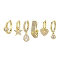 Detailed view of a six-piece golden huggie earring set with star and moon zircon charms - Star Heart Teardrop 6-Piece Set