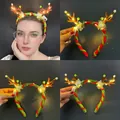 LED Christmas reindeer headband with red and green knit fabric and white pom-poms - Glowing Contrast Color Reindeer Antler Headband