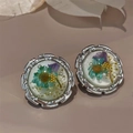 Vintage round silver studs with real purple dried flowers and small white pearls - Silver Base Green Dried Flower