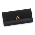 Classic long black PU leather wallet for women with elegant golden V-shaped metal snap button - Black