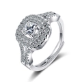 Elegant adjustable silver ring with square clear zircon and halo setting on white background - Adjustable Open / Silver