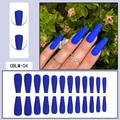 Detailed view of matte deep blue long coffin press-on nails in various sizes - Deep Blue (CBLM-04) / Glue Type