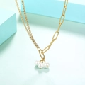 Asymmetric gold necklace with mixed chains and a triple white pearl pendant detail - Asymmetric Three-Bead Pearl Style (N784-GO)