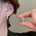 Close-up of vintage gold hoop earrings with zircon and pearl inlay for a classic look - 60# Ear Buckle - Gold Pearl Zircon