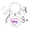 Nurse keychain with syringe and stethoscope charms featuring a purple heart design - Purple Nurse Heart