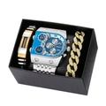 Close-up of Oulm multi-timezone watch and gold bracelets in a premium black gift box - 9315 Silver Blue Bracelet Collection