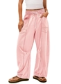 Women's pink wide-leg cargo pants with drawstring waist and large side pockets - XS / Pink
