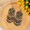 Bohemian tribal long fringe earrings with bronze metal and colorful beaded tassels - Hollow Inlaid Rhinestone Tassel (H2194-1)