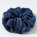 Oversized navy blue satin scrunchie with silky pleated texture for voluminous hairstyles - Navy Blue