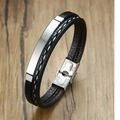 Adjustable multi-layer black leather bracelet with silver stainless steel clasp on wood - Double Layer Woven Style / Style 1 (Silver Clasp Black Leather)