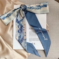 French vintage silk scarf hair tie with blue landscape print and Love yourself script - Song Capital Scenery