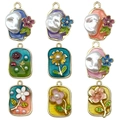 Set of 9 vintage French enamel flower charms with gold frames and pearl accents - Mix 9 Pcs Square Irregular Flowers-SN1114
