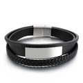 Bracciale da uomo in pelle nera a tre strati con piastra in acciaio inossidabile lucido - Acciaio (KB105143-K)