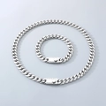 Polished silver stainless steel Cuban chain necklace and bracelet set with magnetic buckle - 10mm Wide Type C Buckle / Bracelet 21cm / Steel