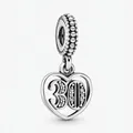 Detailed close-up of a silver number 30 heart charm with sparkling pavé zircons - Number 30 (Heart)