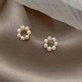 Elegant gold flower pearl stud earrings featuring a delicate white pearl petal design - 10# Round Pearl Studs