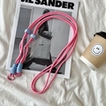 Adjustable pink braided crossbody strap with light blue buckles and pink metal hooks - Pink Rope Blue Knot