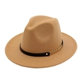 Classic wide brim felt fedora hat in camel with black band and gold chain accent - Beige