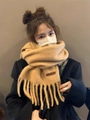 Elegant camel wool scarf for women with soft fringe and stylish leather patch detail - Camel