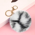 Faux rabbit fur ball keychain in mixed grey and black tones with a gold metal clasp - Color No. 291 Black And White / Light Gold 4-Link Lobster Clasp