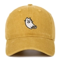 Detailed view of the cat embroidery on a washed vintage yellow cotton baseball cap - Yellow