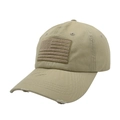 Detail view of khaki distressed baseball cap featuring a vintage American flag patch - Beige - US Flag