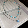 Double-layered silver necklace with blue butterfly pendant and gems in a velvet box - 9# Blue Butterfly Double Layer Pearl Necklace (2Pcs Set)