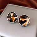Vintage style acrylic leopard print round stud earrings with faceted silver frame finish - Silver Gray Leopard