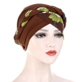 Brown Bohemian turban with green floral print and braided cross design for women - Patchwork Coffee Floral