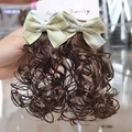 Girls hair clip with dark brown curly wig braid and a green plaid bow decoration - Green Plaid Wig (Hair Clip 024-Braid)