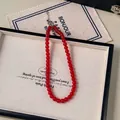 Minimalist red beaded choker necklace with adjustable silver lobster clasp and chain - Red Beaded Necklace 8mm