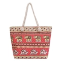 Ethnic bohemian tote bag with red elephant print and rope handles on white background - Elephant