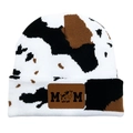 Gestrickte Beanie mit Kuhmuster und braunem Leder MOM-Patch für den Winter-Ski - MOM Stil / Kuhmuster/Weiß Schwarz Braun