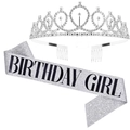 Silver birthday girl sash and rhinestone tiara set for women party decoration - Set 6 (Silver Birthday Girl)