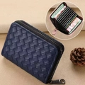 Navy blue woven leather card holder with zip closure and multi-slot interior display - 9 Card Slots + 2 Coin Slots / Blue