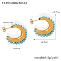 Macro detail of gold titanium C-shaped hoop earrings featuring inlaid turquoise beads - Turquoise Gold Earrings (F1490)