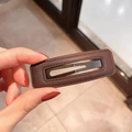 Dark brown lychee pattern leather hair clip with a rectangular metal BB clip base - Dark Coffee