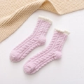 Soft pink coral fleece socks with white lace trim for warm winter loungewear - Violet