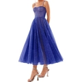 Elegante abito midi a corsetto blu reale con mesh di paillettes e spalline sottili - Blu Reale / US size 2 (S)