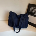 Dark blue denim tote bag with multiple pockets and contrast stitching in casual style - Dark Blue