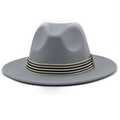 Detail of grey wool fedora hat featuring classic black and white striped ribbon band - Light Gray