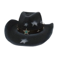 Men's western straw cowboy hat with white star prints and studded leather band - Black with Wind Rope (Blue Star)