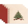 4er-Set Weihnachts-Platzsets mit grünem Baum und rotem Festmuster auf beigem Leinen - Stil 1