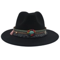 Detailed view of western cowboy hat with ethnic beads, turquoise gem, and pink tassels - Black (Ethnic Decorative Band)