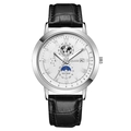 Reloj de cuarzo KOLAKO para hombre con caja plateada, esfera multifunción y correa de cuero negro - Esfera Blanca Caja Plata Correa Negra