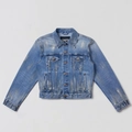Detail of stone washed blue denim jacket with heavy industrial finish and collar label - S / Ocean Blue
