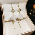 Elegant gold plated heart flower tassel earrings with white petals and small crystals - 6# Cat's Eye Stone Long Petal Tassel Drop Earrings