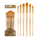 6-piece set of synthetic hair angular paint brushes with wooden handles and gold ferrules - 6Pcs Angled Peak HB183D / Natural Wood Color