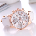 Orologio Geneva classico da donna con cassa in oro rosa, cinturino in pelle bianca e numeri romani - Bianco